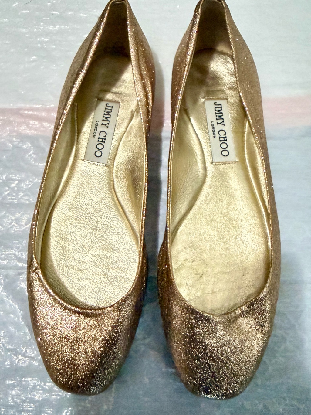 Authentic Jimmy Choo Gold Glitter Ballet Flats Size 38